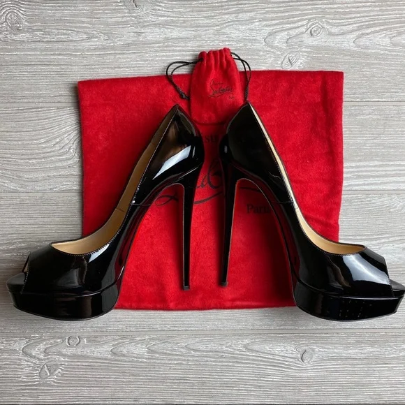 Christian Louboutin Heels Black Patent Lady Peep Toe Pumps 10.5 Red Bottoms - Picture 8 of 13